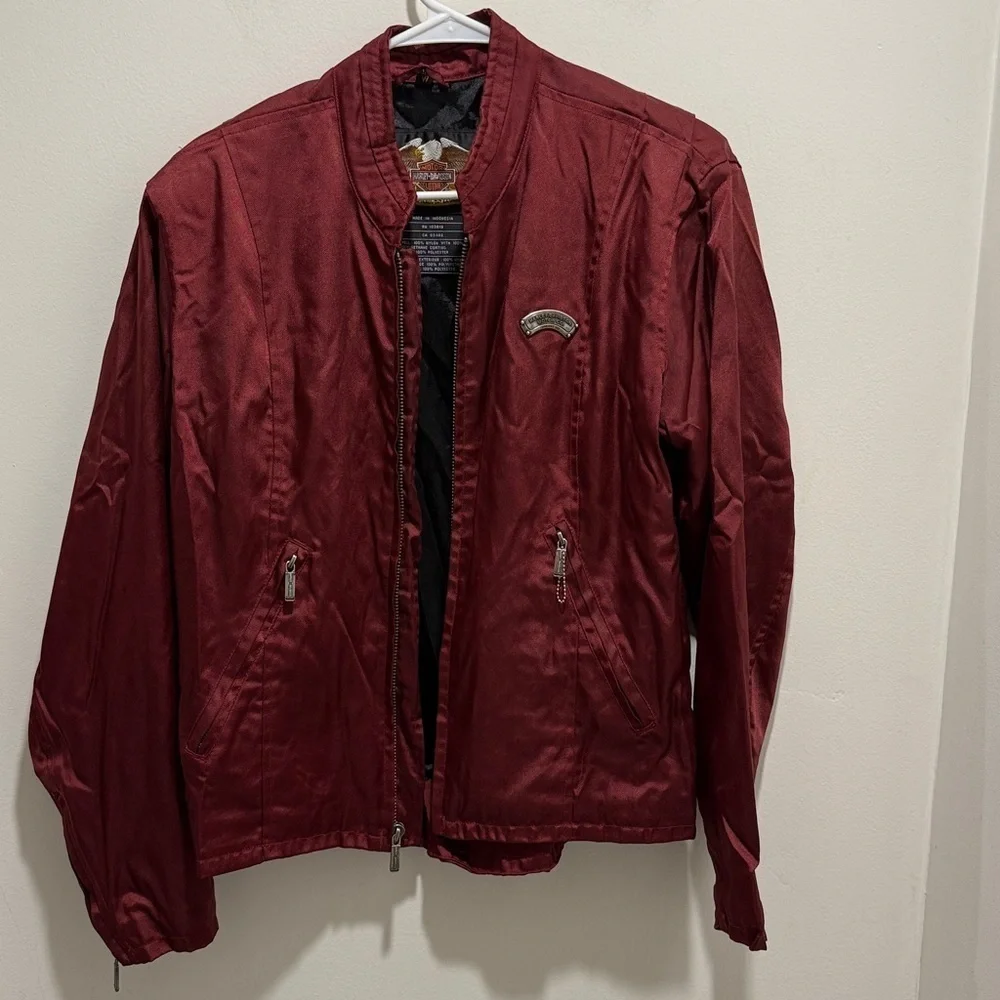 Harley-Davidson Women’s M Burgundy Nylon Motorcycle Jacket Metal Logo Zip Cuffs